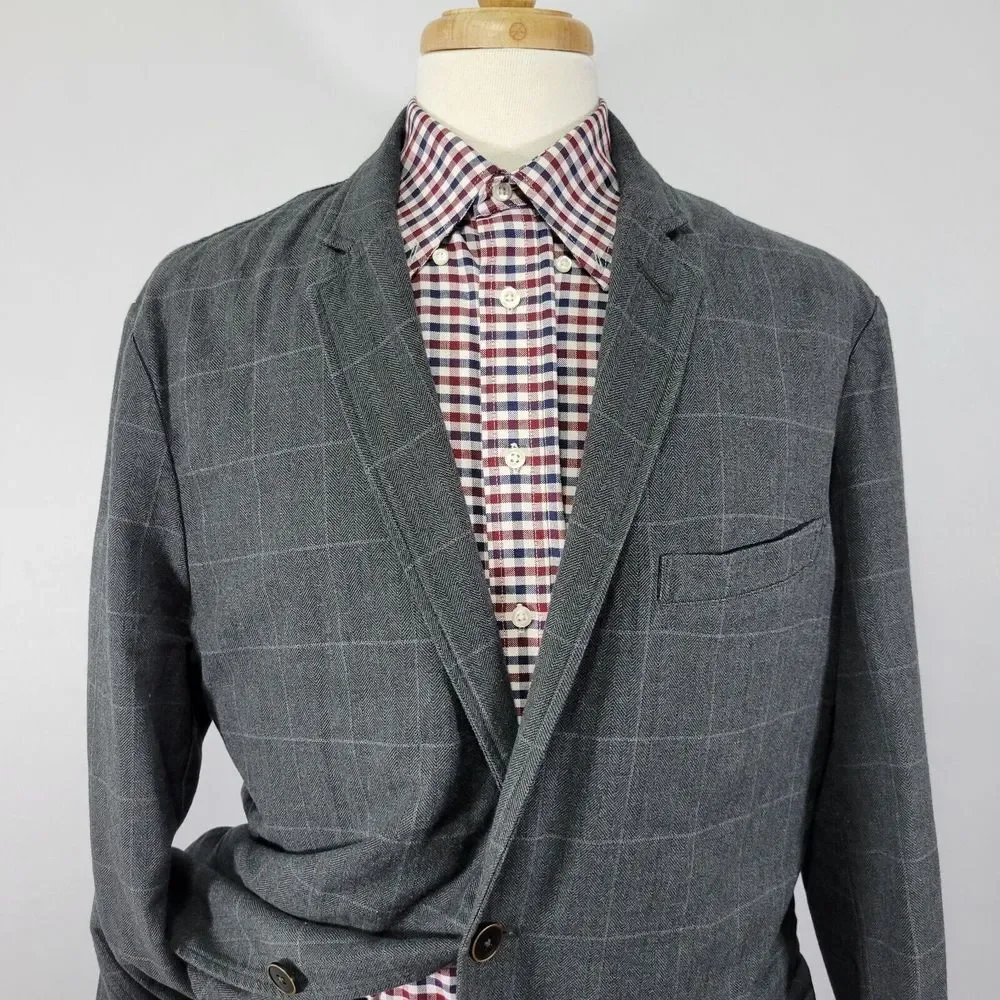 Untuckit Men's Sport Coat Blazer Two Button‎ Gray Unstructured Plaid Cotton 48R
